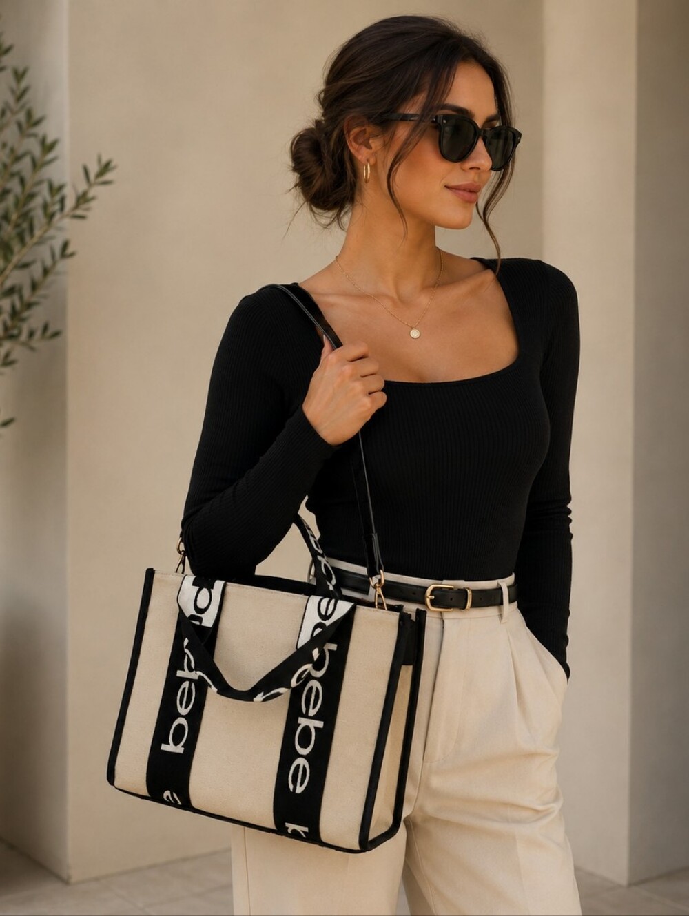 bebe Beige Canvas Tote Bag with Black Straps